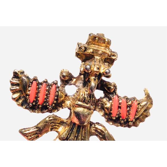 Coral Jeweled Gold Totem Pendant Amulet Spread Eagle Wings 2.25" Southwest Vtg - Picture 3 of 4